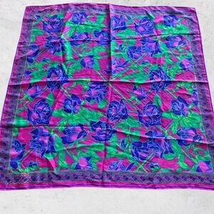 Vintage Liz Claiborne Silk Scarf Fuchsia Blue Rose Floral Square 30 x 30 Japan